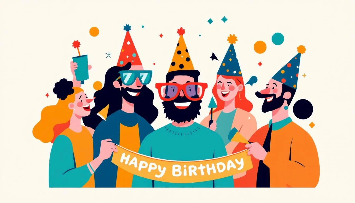 Team celebrating with funny party hats and noisemakers