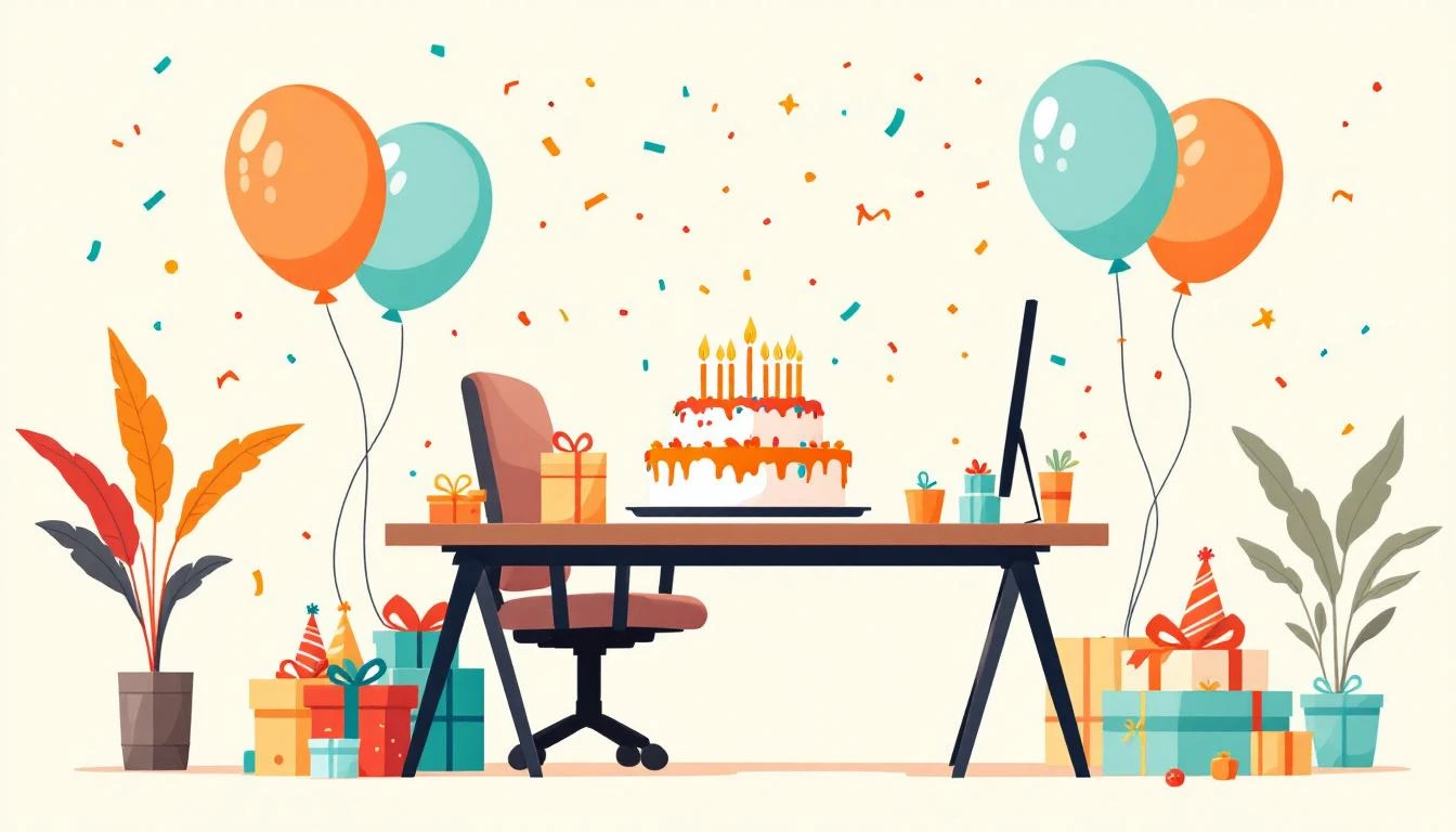 Birthday celebration at an office desk with cake, balloons and gifts