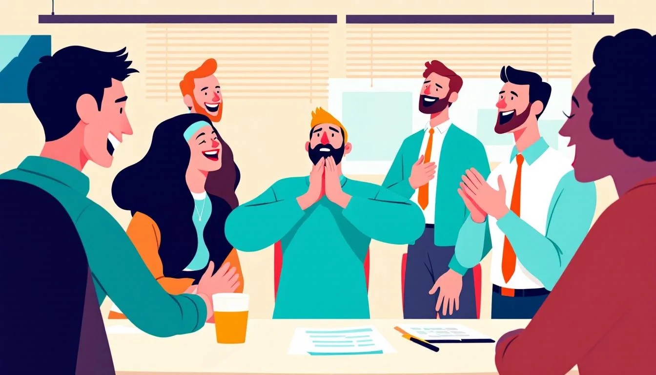 Coworkers laughing together at a farewell