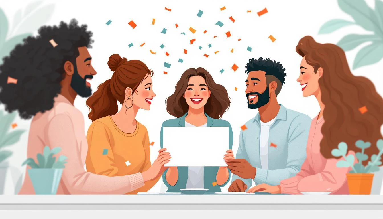 Team gathered around a farewell card with confetti