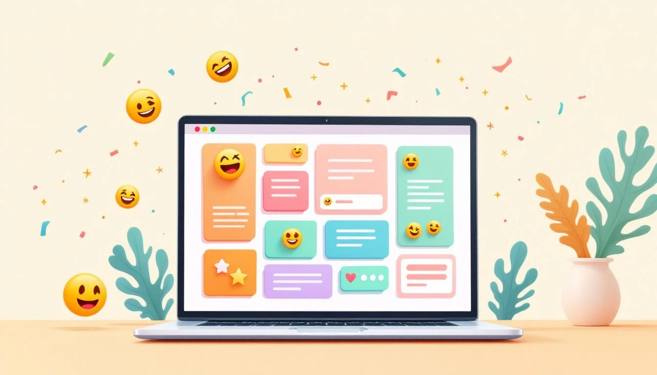 Laptop showing a digital group greeting card with emoji and confetti